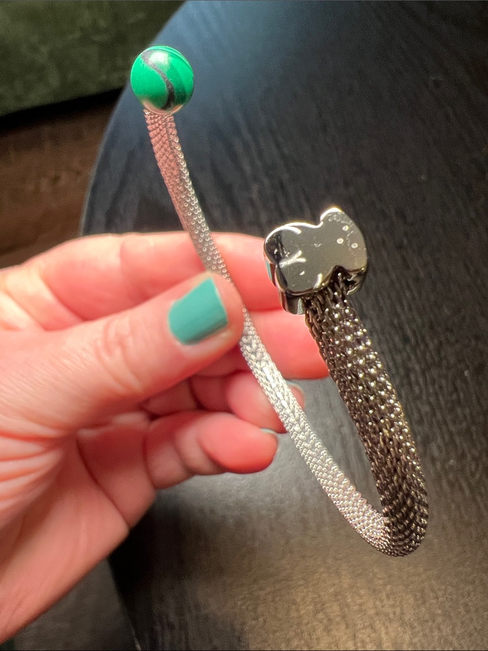 Silver Plated Mesh Teddy Bear Faux Malachite Open Cuff Bracelet - Style of Tous